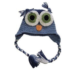 Handmade blue knit toddler owl beanie hat